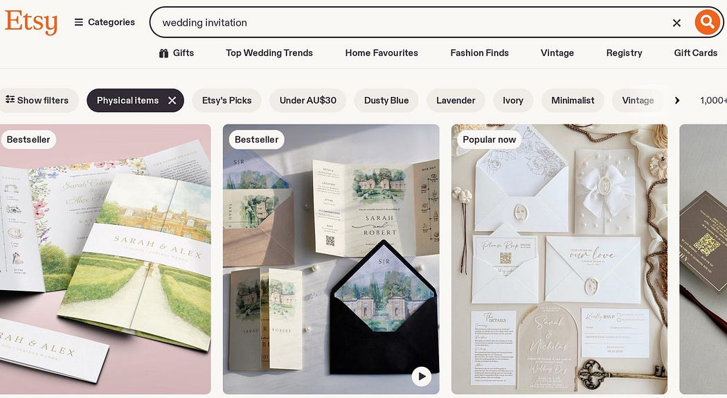 A screenshot of Etsy search results for ‘wedding invitation’ showing the Physical items filter has been preselected