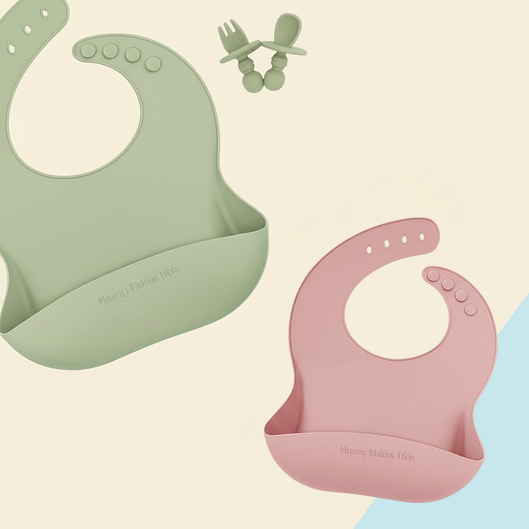 a pair of green and pink silicone baby bibs from Hunny Bubba Kids on a background with pastel colors.