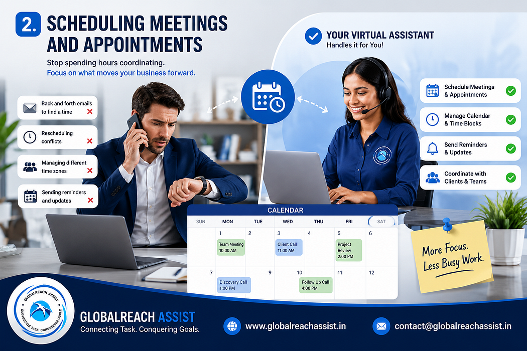 Business owner reviewing market research while a virtual assistant gathers and organizes information for decision-making.