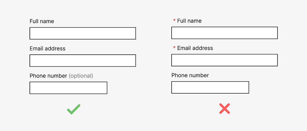Image showing two examples. The first is showing an optional form field with the word ‘optional’ in brackets. The second image shows a very small asterik to indicate the form field is required.