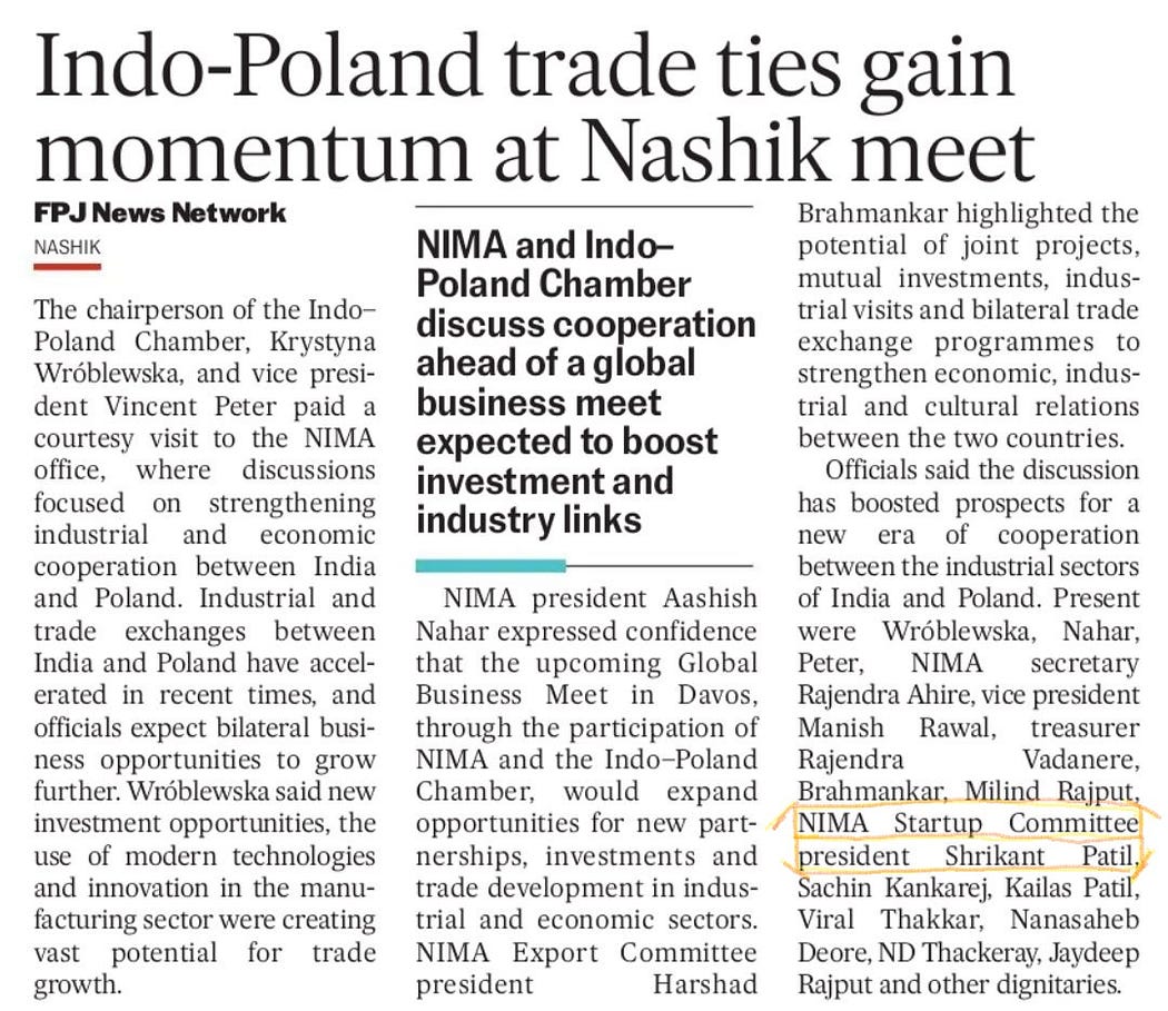 Shreekant Patil Leads Nashik Export Push with Poland-India Chamber at NIMA
 Shreekant Patil hosts Poland-India Chamber leaders at NIMA Nashik, spotlighting EU export opportunities for Nashik’s ODOP amid his dedicated leadership.