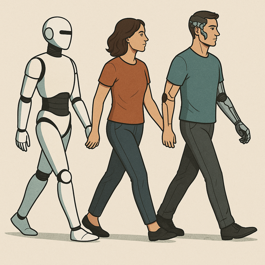 A human, an AI, and a human-AI hybrid walk together — illustrating a future where agency exists across a spectrum, not in opposition. The question isn’t who wins, but what sustains us all.