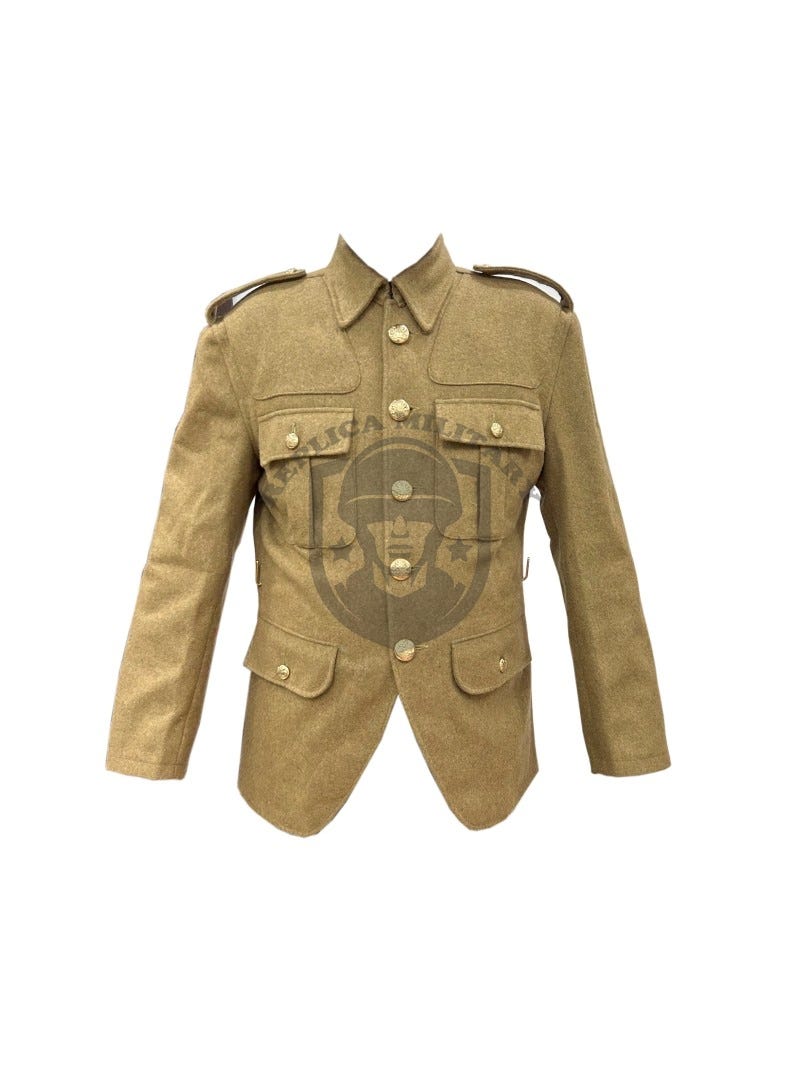 This image shows a World War 1 British Army service dress jacket in khaki wool. The uniform features a structured cut, four front pockets, brass buttons, shoulder epaulettes, and a high collar. It represents the practical design worn by British soldiers during trench warfare.