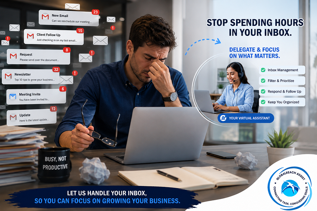Entrepreneur struggling with an overloaded inbox while a virtual assistant helps organize emails, prioritize messages, and manage follow-ups.