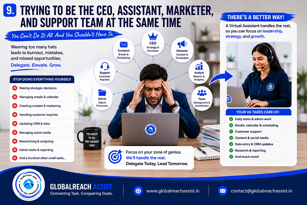 Overwhelmed entrepreneur juggling multiple responsibilities instead of delegating routine business tasks.