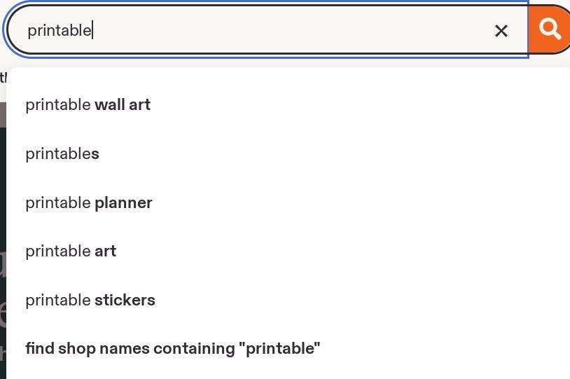 Screenshot of Etsy search autocomplete suggestions