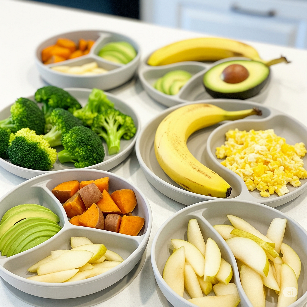 a bunch of fruits and vegetables put in baby plates and bowls on the countertop for a baby going through the baby-led weaning stage.
