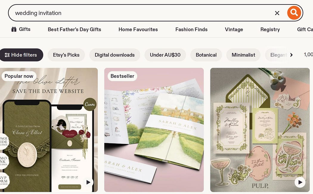 Screenshot of Etsy search results showing listings with “Bestseller” and “Popular now” badges.