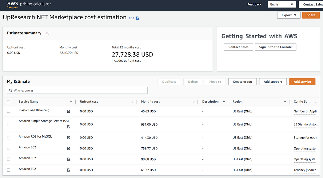 NFT marketplace on Ethereum maintaining cost breakdown