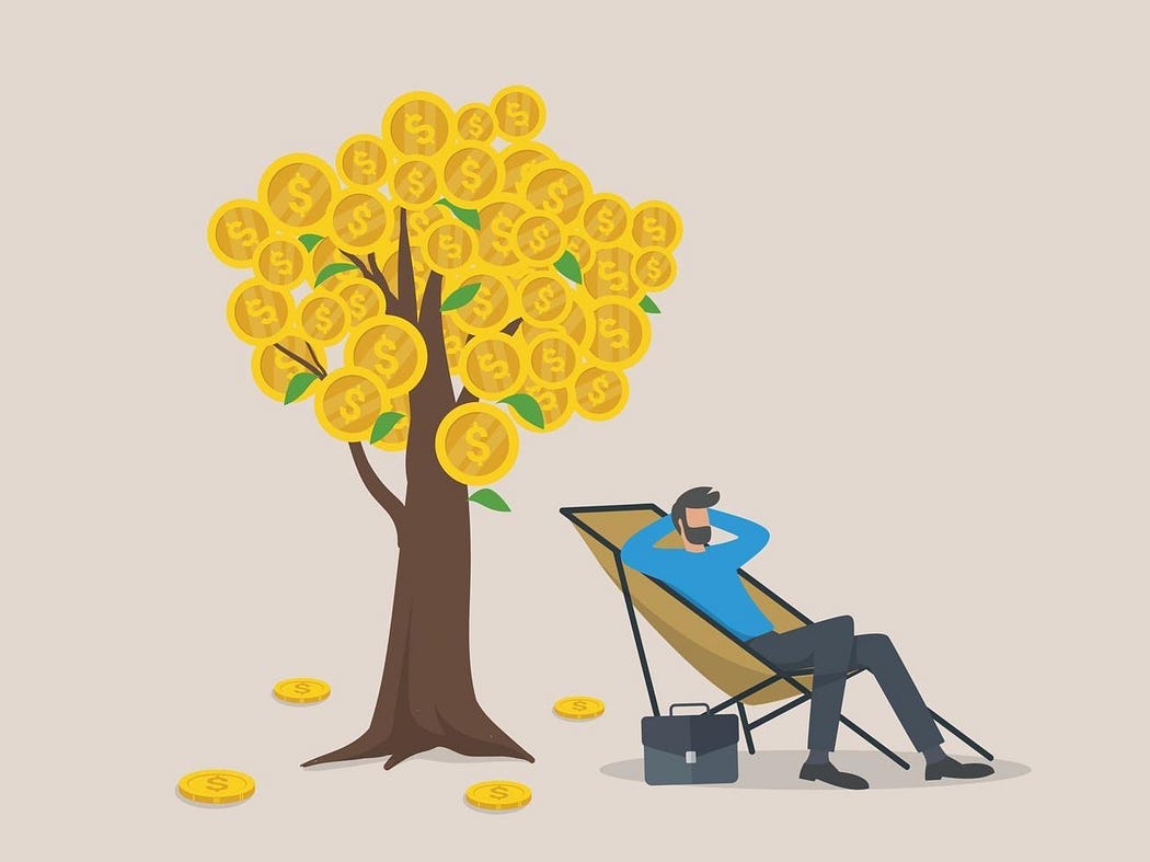 Illustration showing the concept of passive income with icons such as money growing on a tree