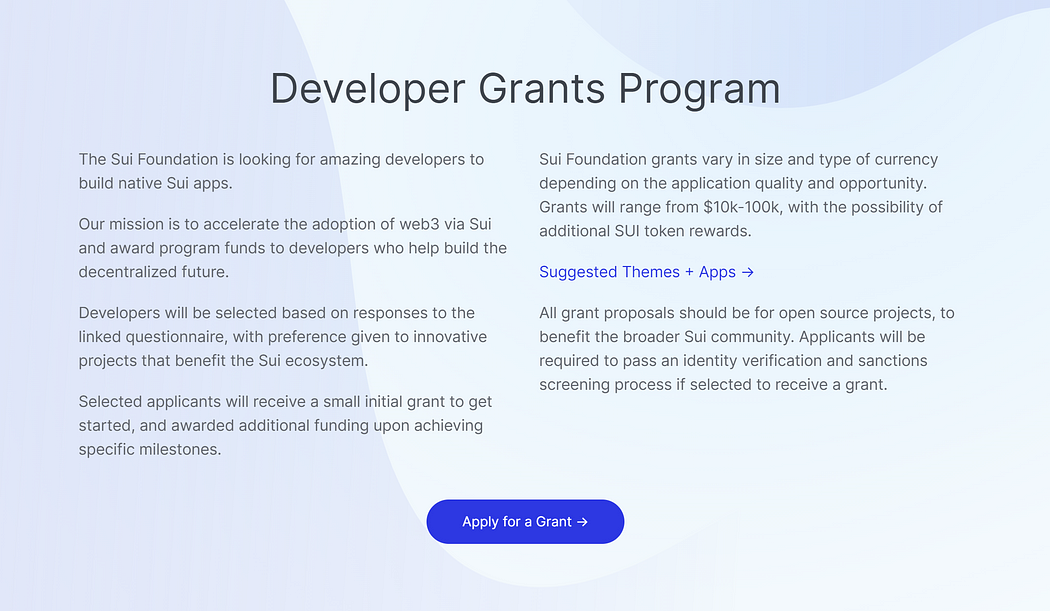 Introducing Sui Developer Grant, an excellent opportunity for dApps developers