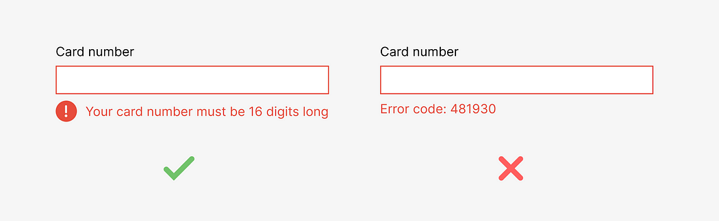 Image showing two examples. The first example shows a clearly described error message and indicates what needs to change to fix the error. The second example shows a confusing error code.
