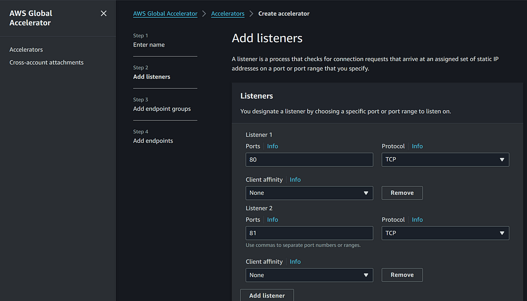 AWS Global accelerator console