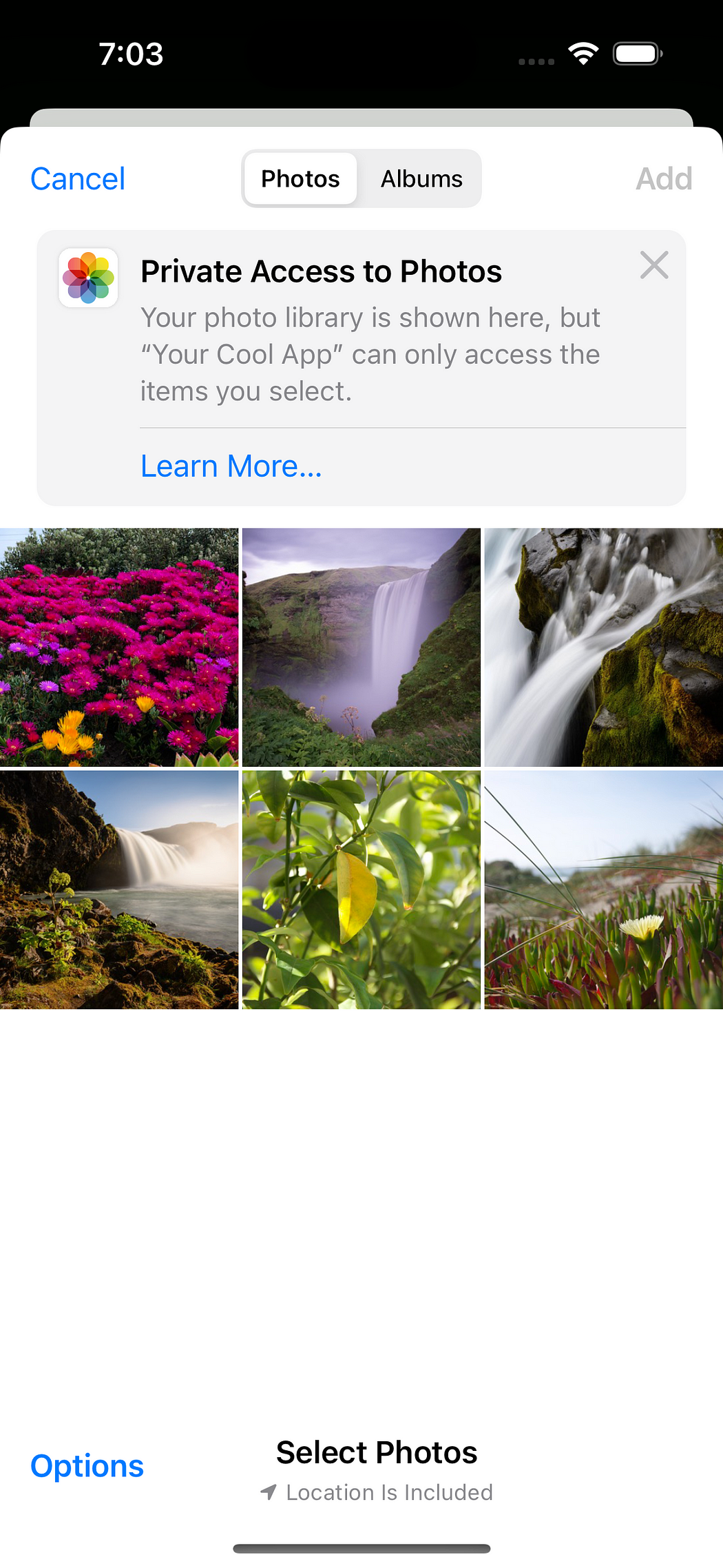 内置照片选择器在 iOS 模拟器上运行的屏幕截图，等待我们选择要选择的照片