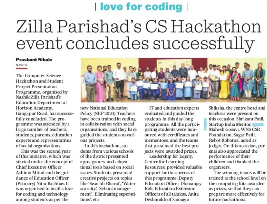 Shreekant Patil Startup India Mentor, Sr Consultant at NP Council, Committee Chairman at NIMA Nashik, chief guest at The Zilla Parishad Nashik organized its District-level Computer Science Hackathon at Horizon Academy, Nashik on 28 April 2025 — News Paper Press Release