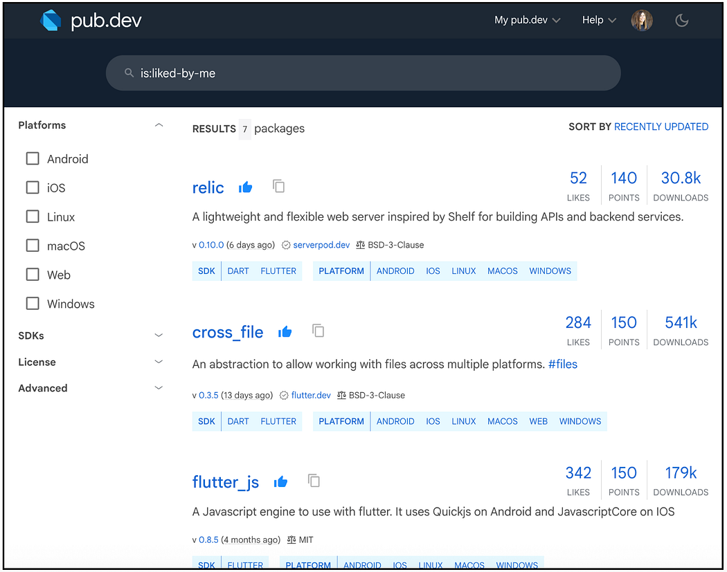 Search, but only include packages you like