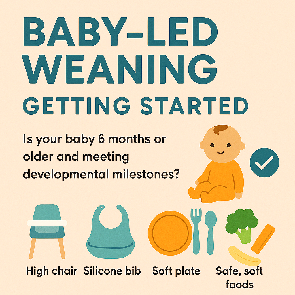 A square image of a graphic showing a baby, food, and all the items for Baby Led Weaning.