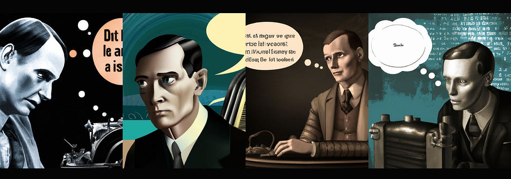 Four versions or suggestions of what Alan Turing looks like according to DALL-E as headshots