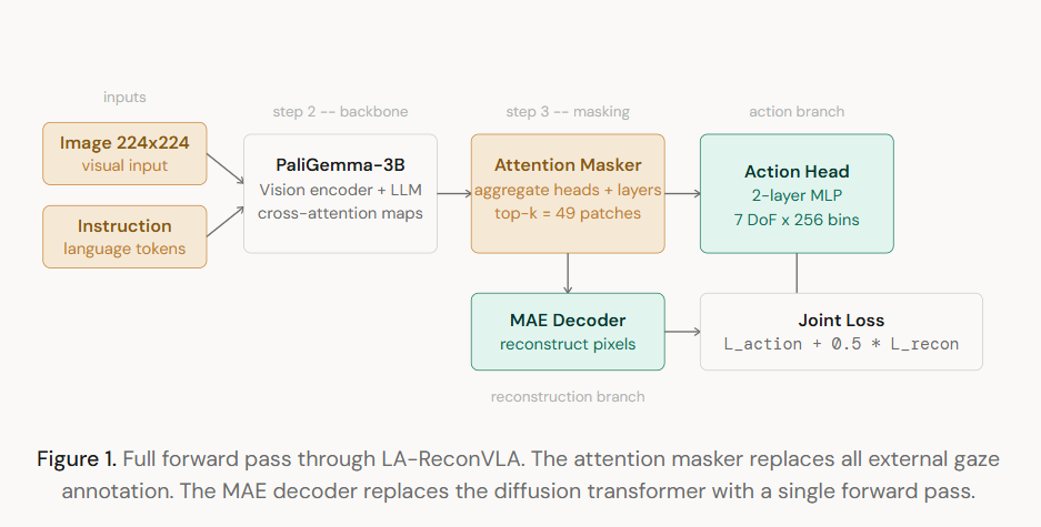 Full forward pass through LA-ReconVLA. The attention masker replaces all external gaze annotation. The MAE decoder replaces the diffusion transformer with a single forward pass.