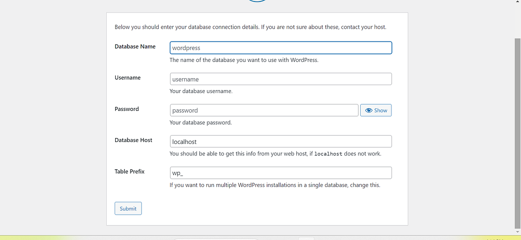 WordPress configuration screen