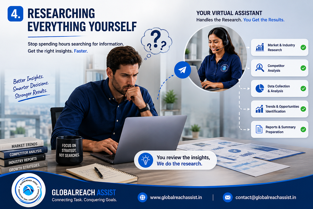Business owner reviewing market research while a virtual assistant gathers and organizes information for decision-making.