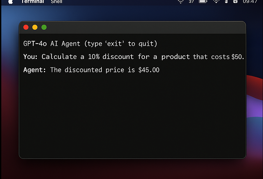 Screenshot of terminal interaction with agent responding and using tools.