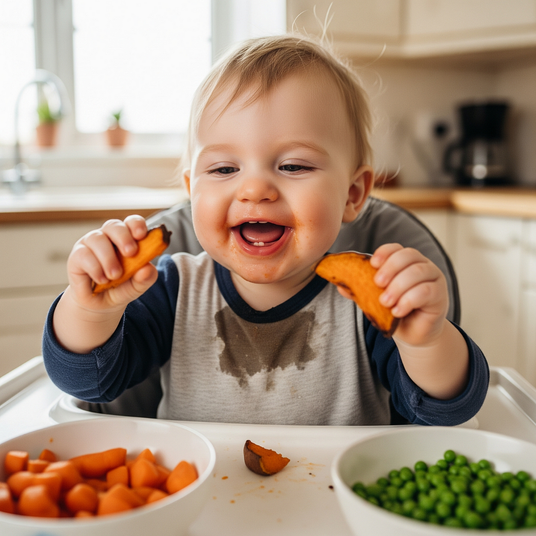 Caucasian baby smiling and using his hands to grab handheld-sized food while practicing Baby Led Weaning at home.