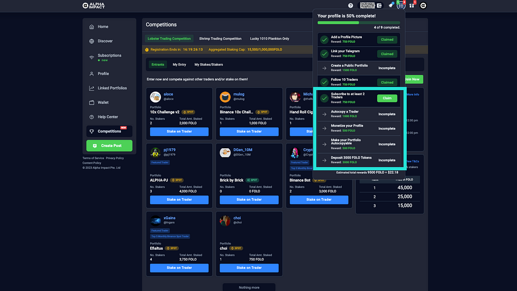 Alpha Impact has added 5 new tasks to incentivize our community to try more complex tasks like subscribing, auto-copy, monetization, making their portfolio auto-copyable, and deposit of FOLO tokens. - image source