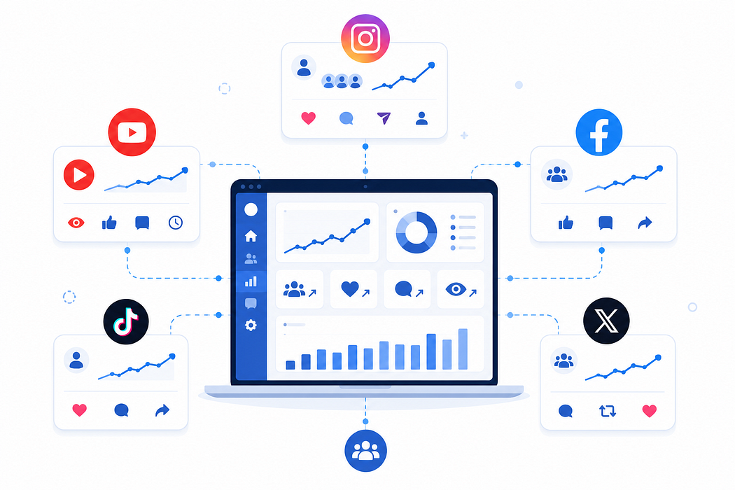 Social media dashboard connected to multiple platforms for audience growth.