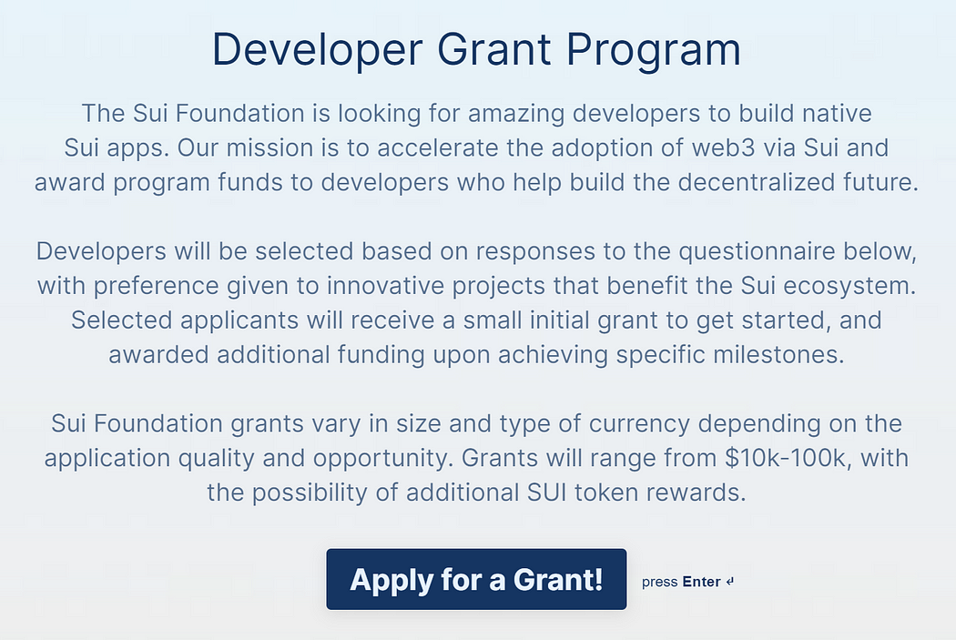 Introducing Sui Developer Grant, an excellent opportunity for dApps developers