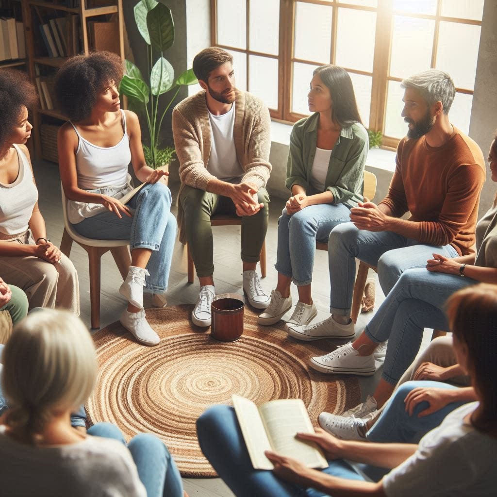 Men and women healing together through sharing their pain and communication