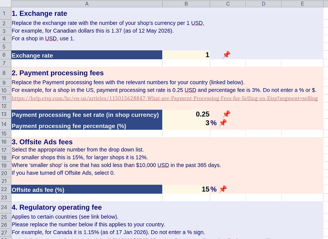 Screenshot of first sheet with input fields
