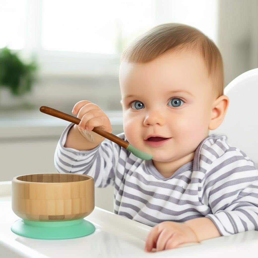 caucasian baby boy holding a bamboo spoon while eating from a bamboo baby bowl from Hunny Bubba Kids