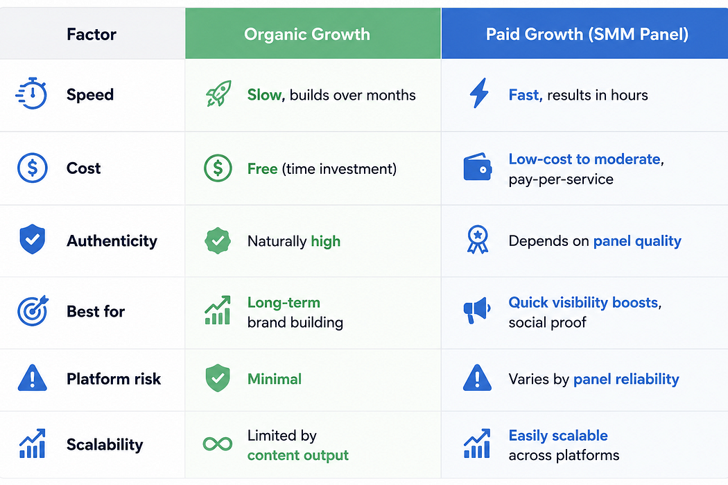 Comparison table showing the differences between organic social media growth and paid growth using an SMM panel across speed, cost, authenticity, risk, and scalability