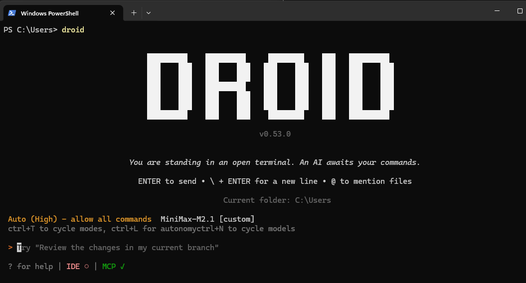 MiniMax M2.1 in Factory Droid (BYOK setup + local Ollama fallback)