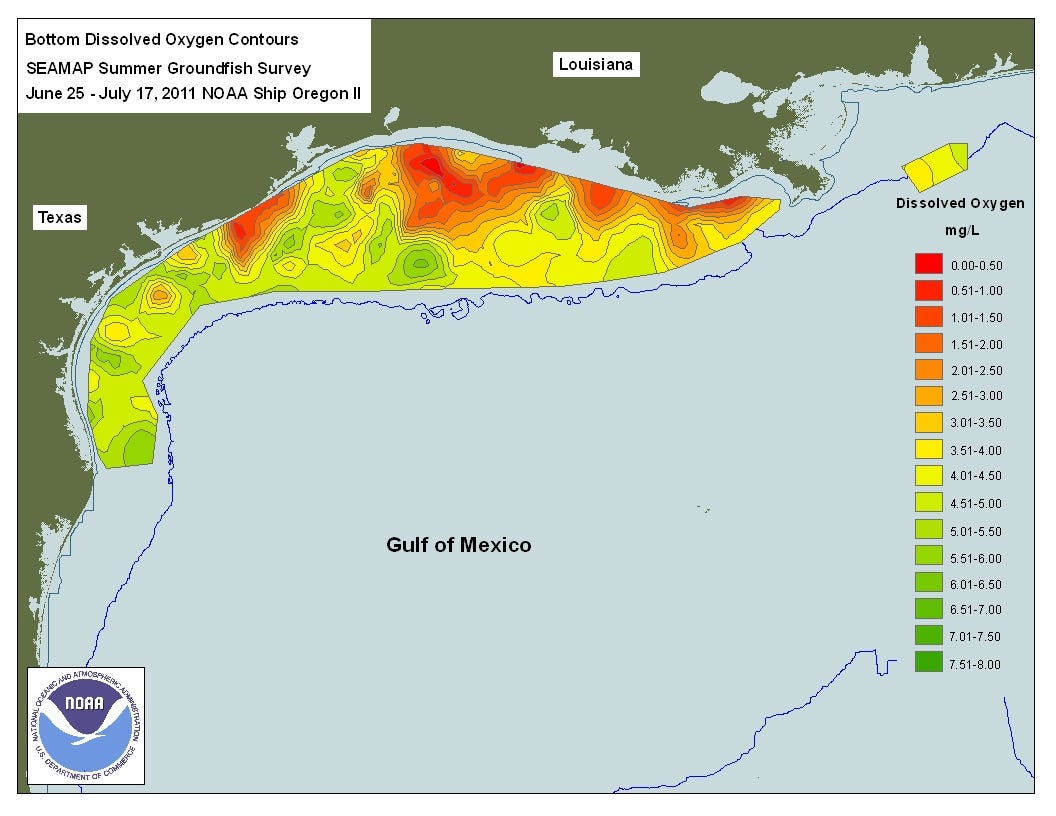 Dead zones in Gulf of Mexico. [Credit: NOAA, Public domain, via Wikimedia Commons]