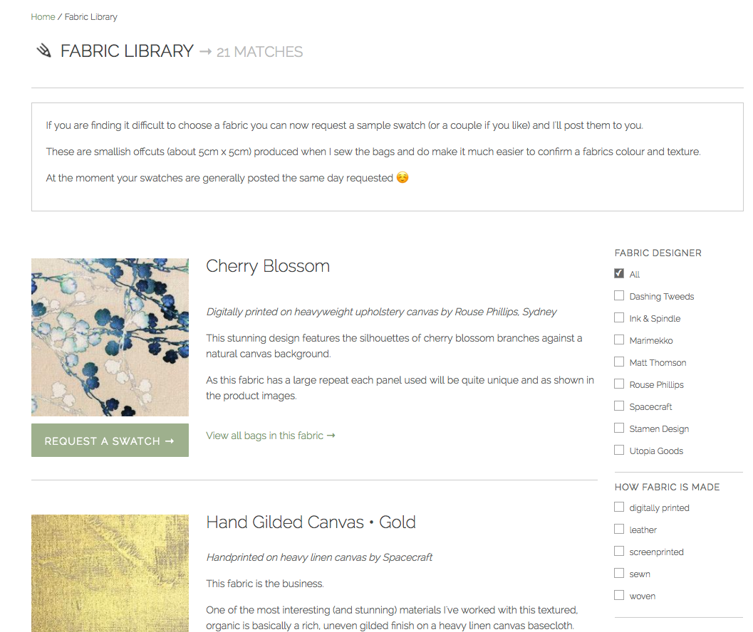 Physical fabric swatches. Shopify Hack by Matt Thomson Shopify