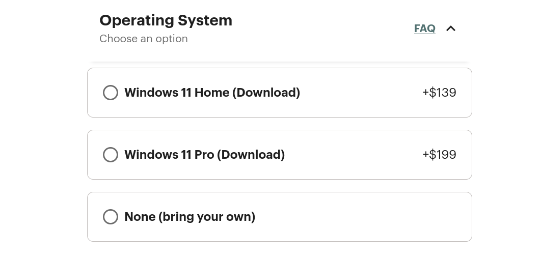 Framework lets users choose to buy a copy of Windows or have the machine shipped with no OS and save money. Screenshot from https://frame.work/products/laptop13pro-diy-intel-ultra-3/configuration/new
