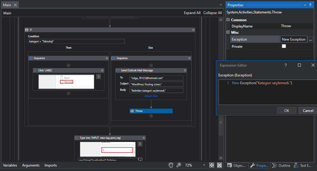 UiPath Throw aktivitesi kullanımı. RPA Haber Medium