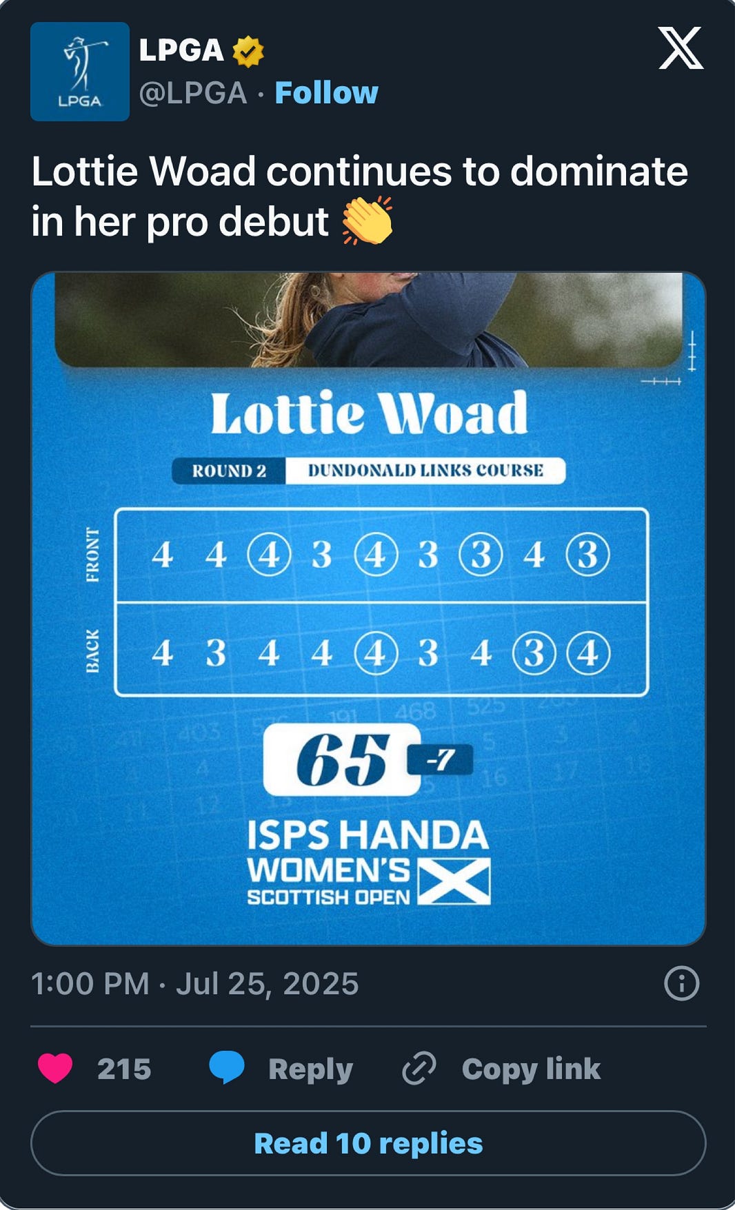 Lottie Woad, making pro debut, leads LPGA’s Scottish Open by 2 with Nelly Korda in second
