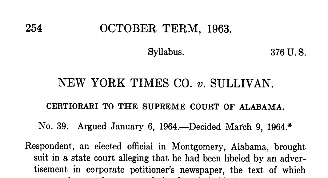 SCOTUS 1964 NYT v. Sullivan. On March 9, 1964, the Supreme Court of