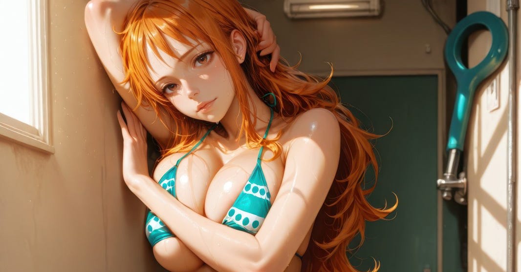 Nami wearing blue bikini 1