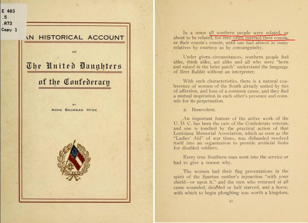An historical account of the United Daughters of the Confederacy, 1951 | White Southern identity is imagined as one giant bloodline, sealed by marriage, manners, and shared mythology. | Library of Congress