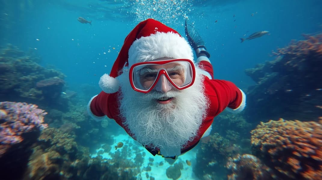 Le Père Noël s’initie au snorkeling en Corse pour saluer les tortues marines