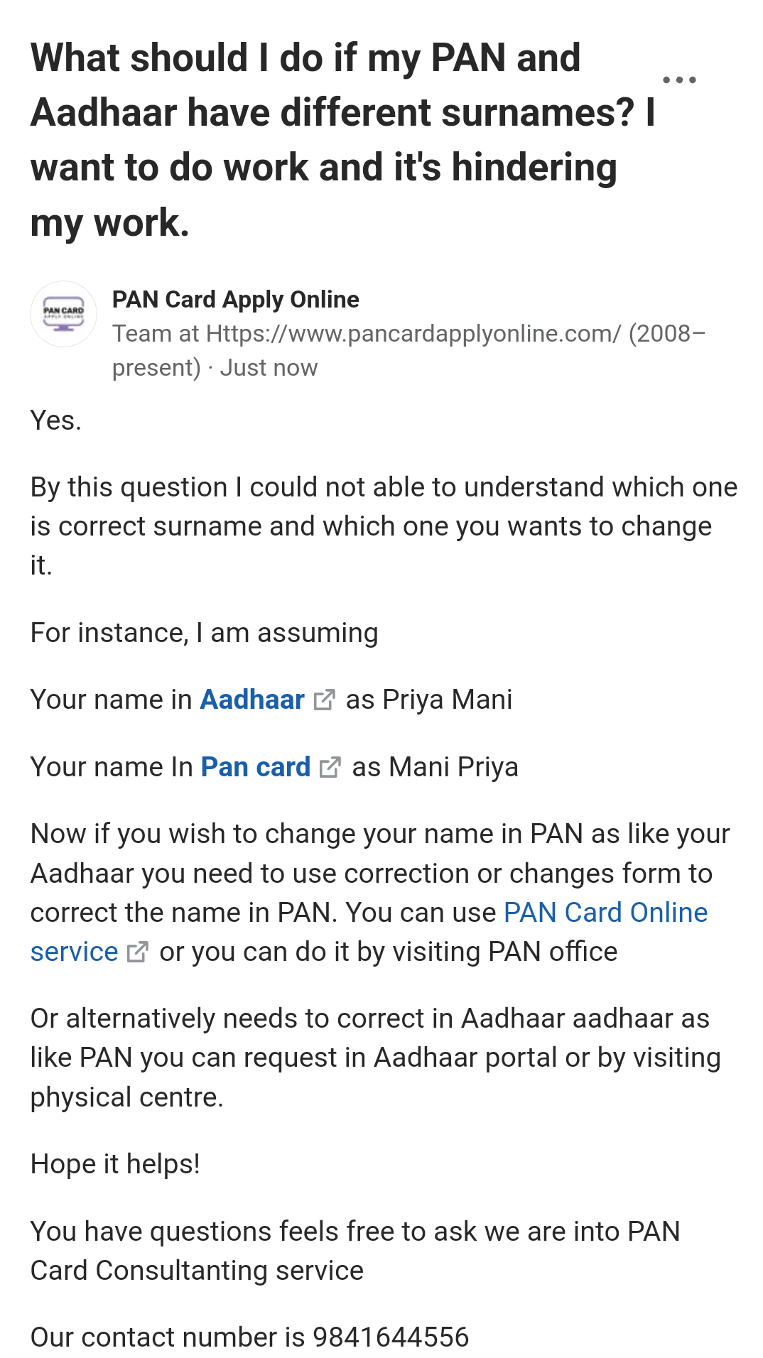 What should I do if my PAN and Aadhaar have different surnames? by