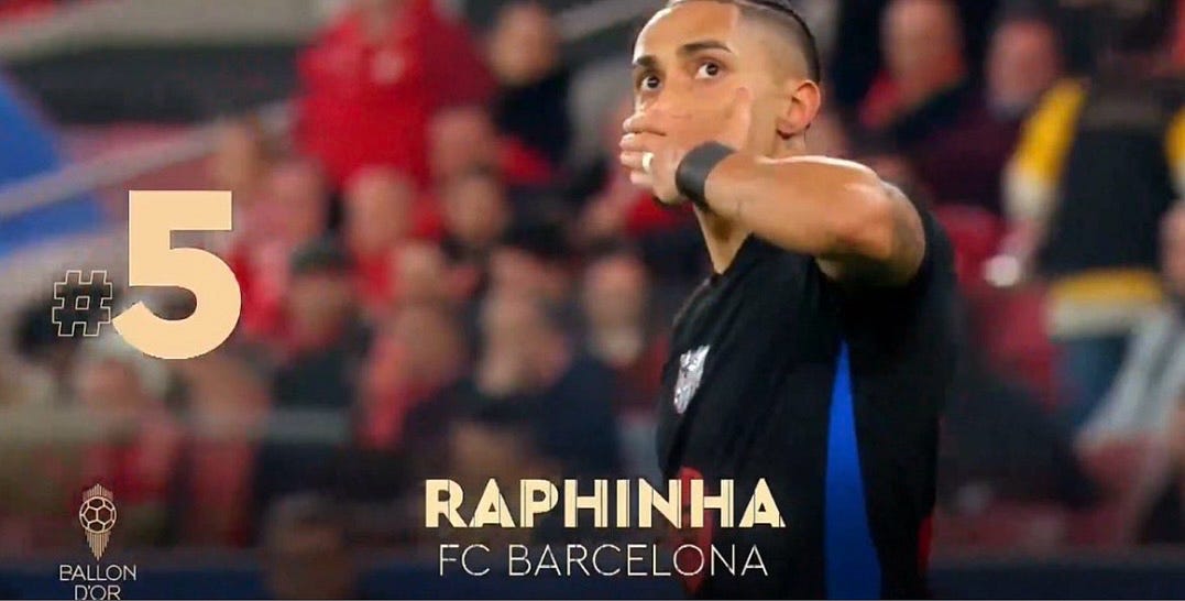Raphinha finishing fifth in the 2025 Ballon d’Or.
