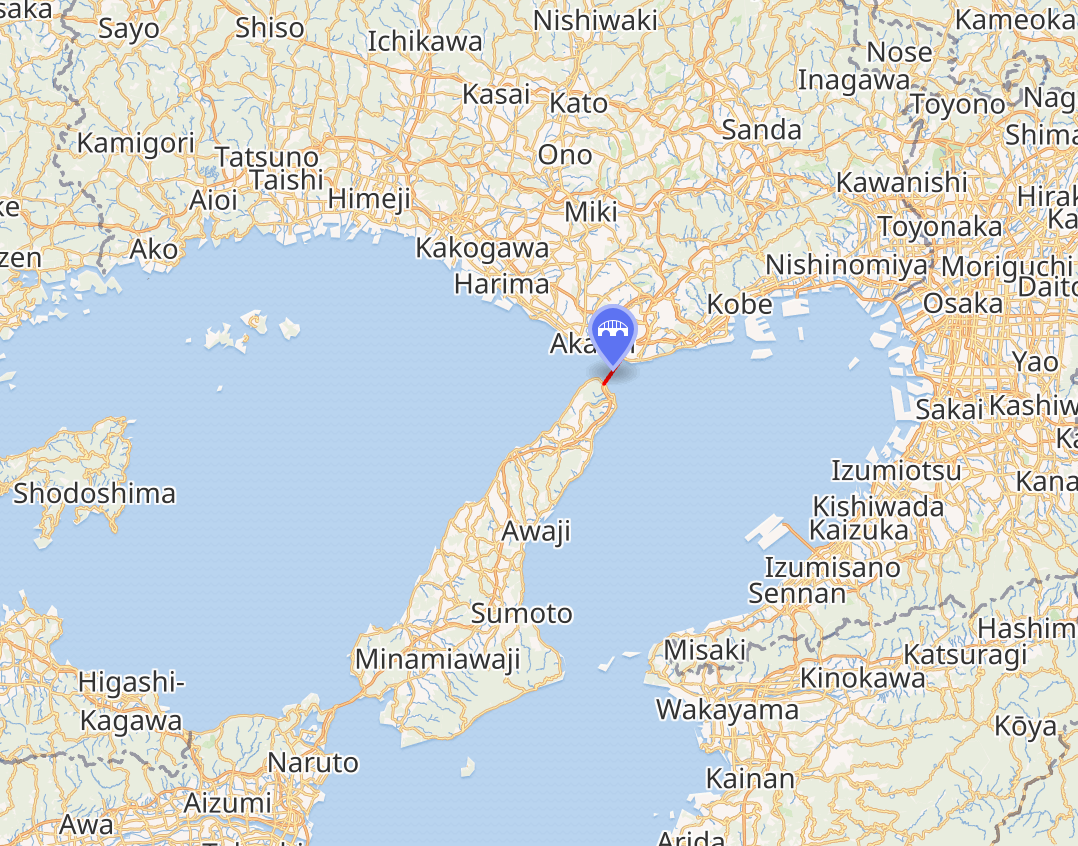 The location of the Akashi Kaikyo Bridge from Open Street Maps