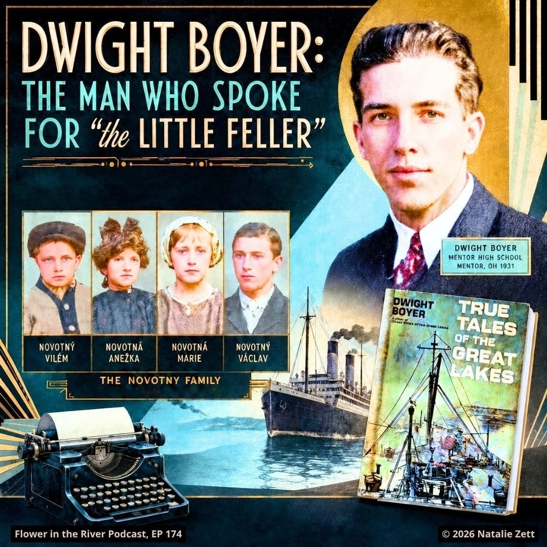 Collage for Flower in the River Podcast, Dwight Boyer: The Man Who Spoke for “the Little Feller”