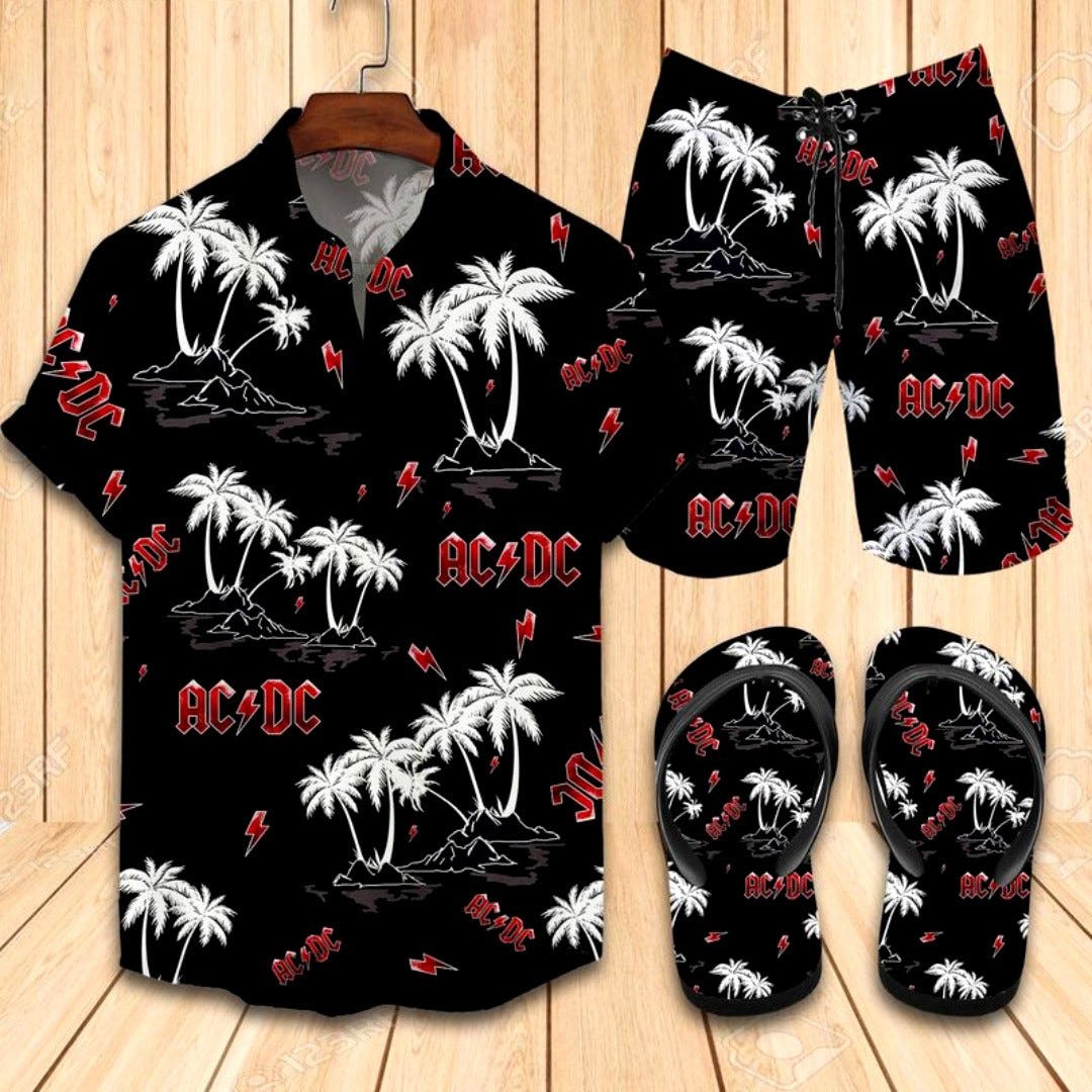 Ac Dc Flip Flops And Combo Hawaiian Shirt, Beach Shorts Luxury Summer ...