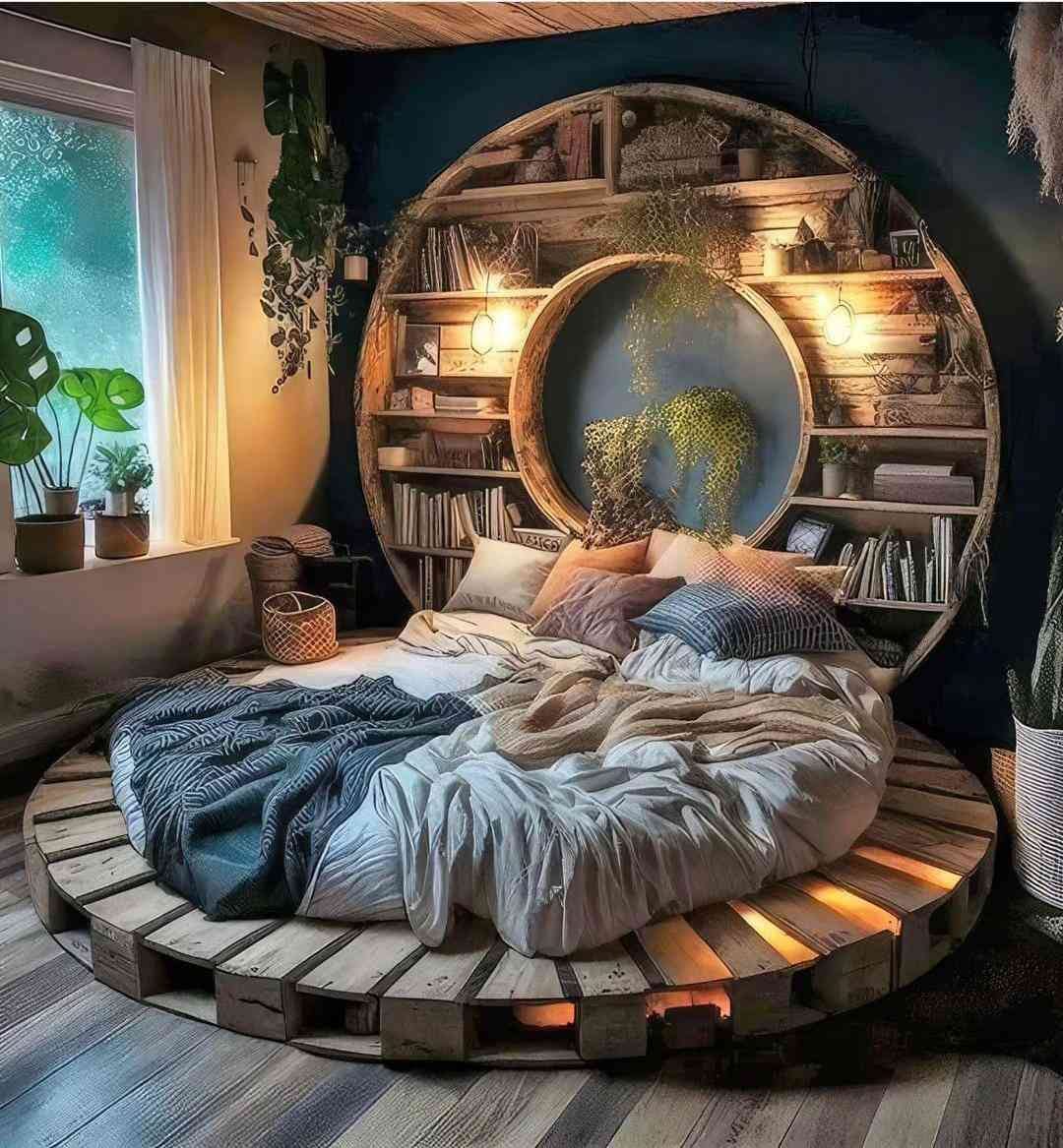 Round Low Floor Wooden Bed with Backside Shelves | Unique King Size Bed for  Luxury Look | Low Floor Wooden Bed | Large Full Size Double Bed for  Ultimate Comfort | by Sajosamaan | Medium